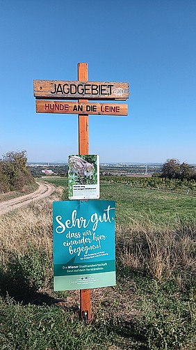 Wegweiser mit Zusatzschild "Schön, dass wir uns hier begegnen."